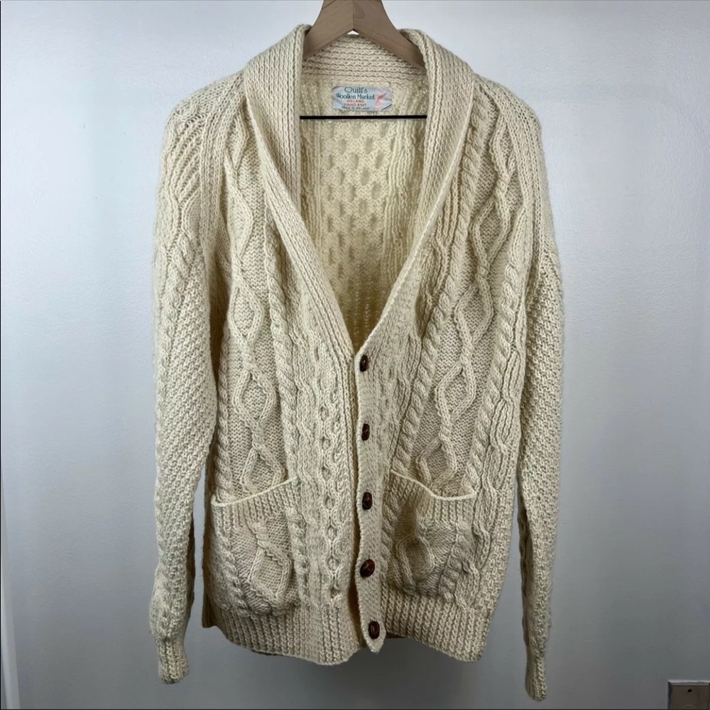 Vtg Hand Knit Fisherman Cable Knit Cardigan Cream